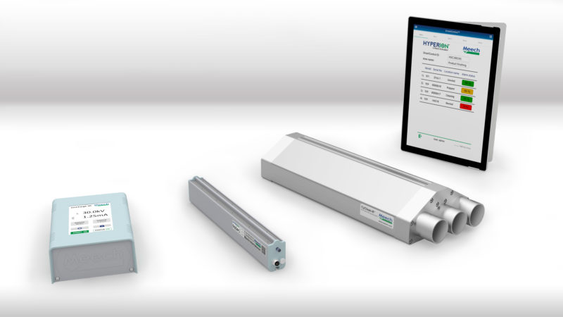 From left to right: Meech's IonCharge 30, 960IPS ionising bar, CyClean R and an example of SmartControl viewed through a remote device