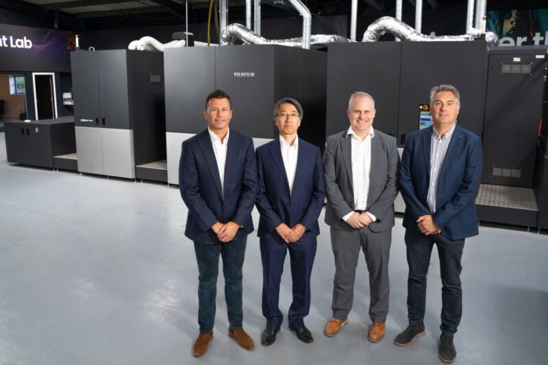 (from left to right) is: Simon Buswell, Sales and Marketing Director, Eco Flexibles, Taku Ueno, Senior Vice President, Graphic Communication division, Fujifilm Europe, Manuel Schrutt, Head of Packaging, Fujifilm Europe and Matt Francklow, Director of Eco Flexibles.